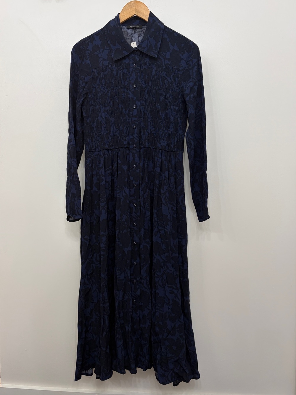 Madewell Smocked Midi Long Sleeve Shirtdress Alexis Dark Floral Navy sz 6 - Picture 6 of 13